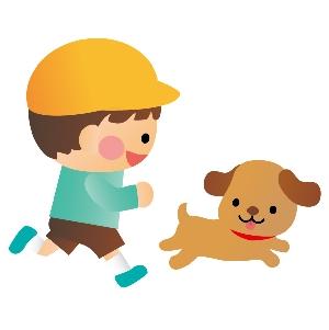 男の子が笑顔で子犬を追いかけている様子のイラスト