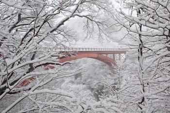 降り積もった雪と、阿武隈川に架かる雪割橋の写真